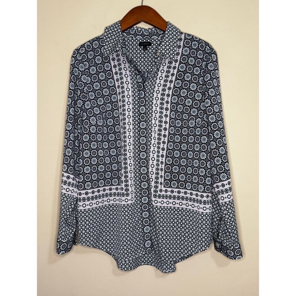 Talbots Blouse Women's Size Large Button Front Long Sleeve Geometric Floral Blue
